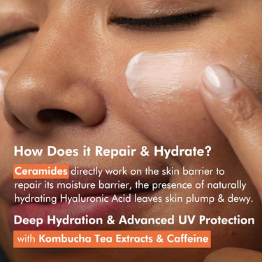 mCaffeine Kombucha Hydra Repair Sunscreen SPF50 PA++++ | UVA & UVB Protection, No White Cast | Hyaluronic Acid, Ceramides Sunscreen for Hydration & Barrier Repair | All Skin Types - 50ml